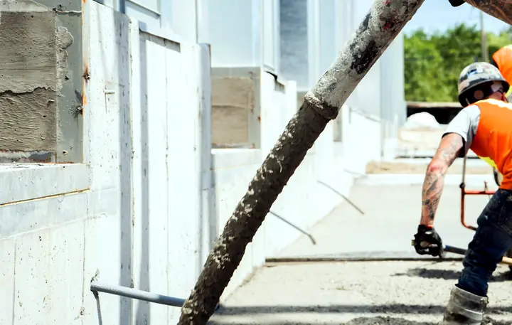 Concrete coming out of a pump hose beside a foundation wall while a crew member in a hard hat and safety vest spreads it