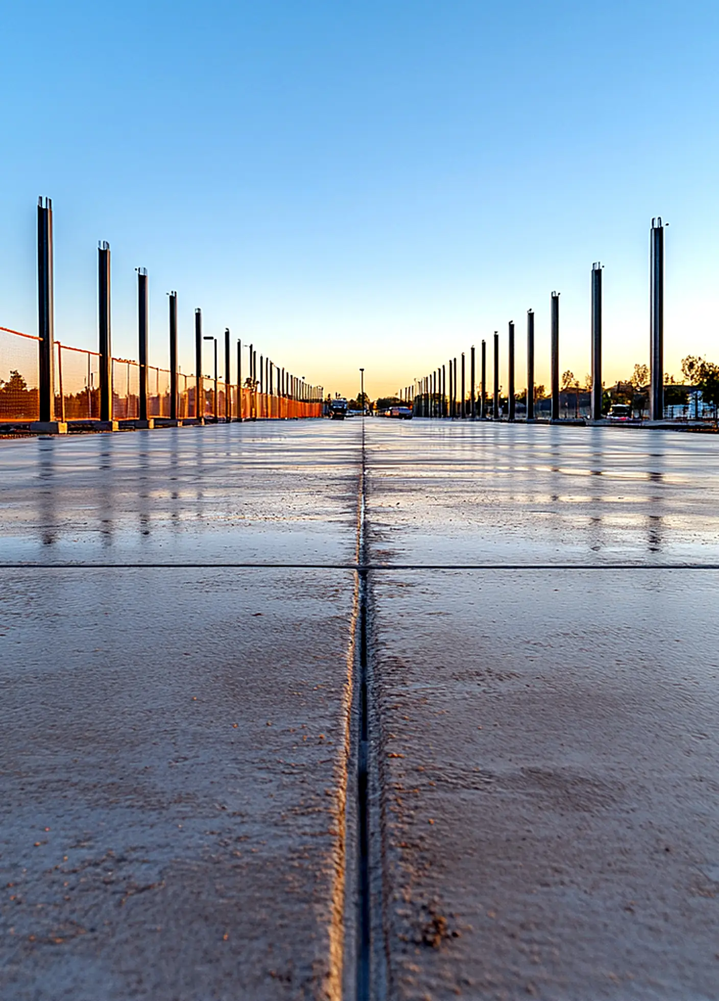 A finished concrete slab at sunset, with steel columns standing in rows to the horizon